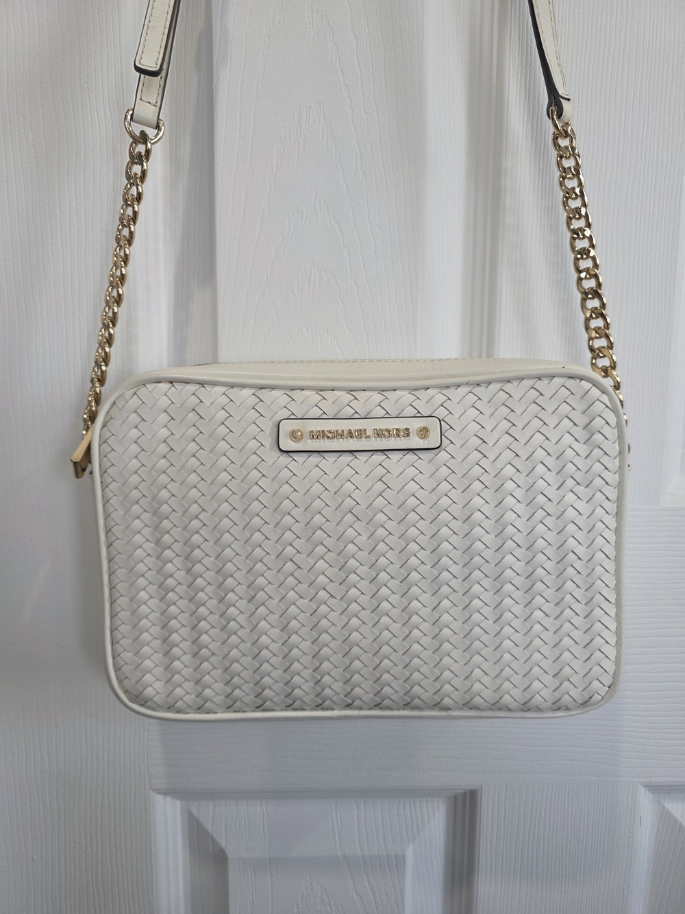 Michael Kors Cream Woven Leather Crossbody with Gold Chain